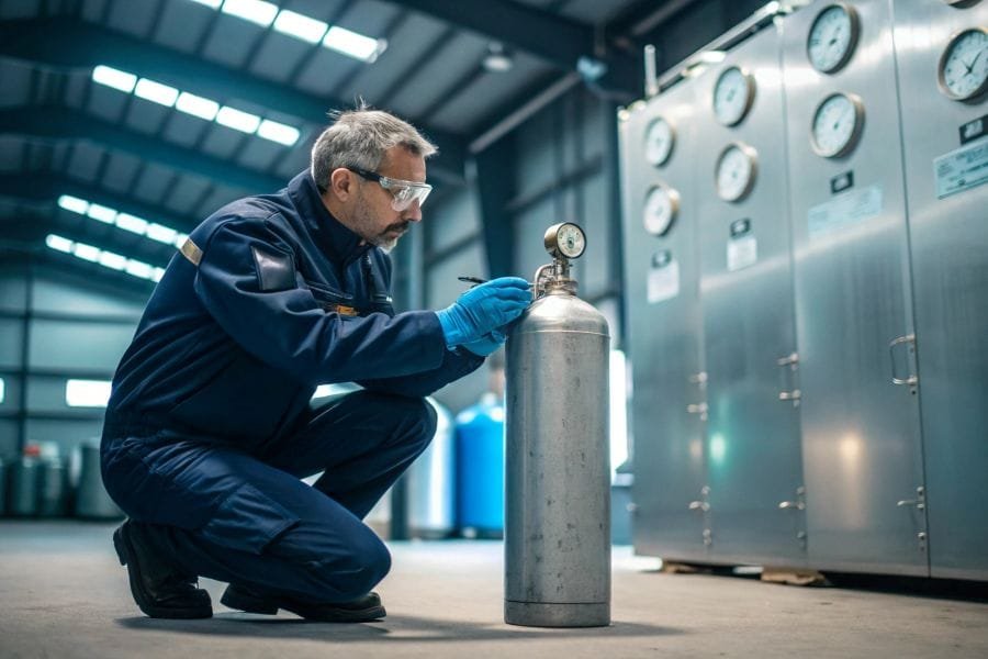 A quality control inspector checking a scuba tank's pressure gauge